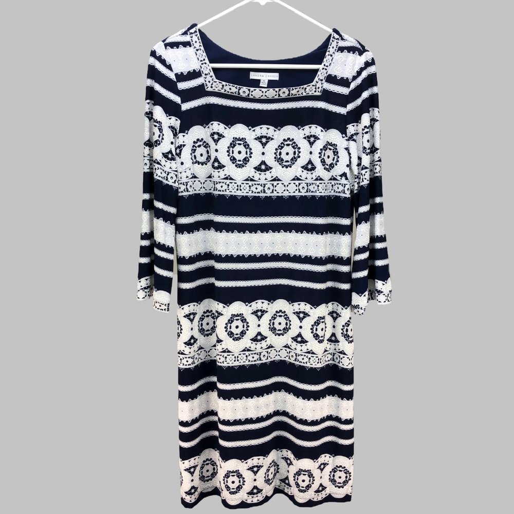 SANDRA DARREN navy & white textured jersey shift SZ 10